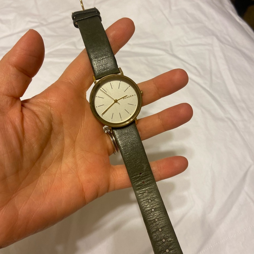 Skagen Olive Green Leather Strap Watch with Gold Case